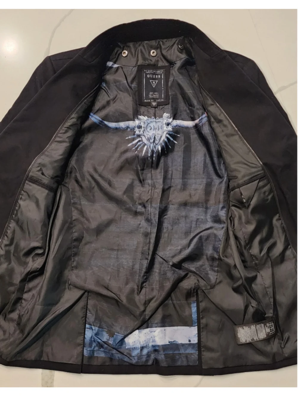 GUESS Mens Blazer Jacket S Black 2-Button Graphic Lining Slim Fit Sport Coat